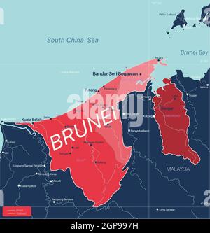 Paese del Brunei Mappa dettagliata modificabile con regioni città e città, strade e ferrovie, siti geografici. File vettoriale EPS-10 Foto Stock