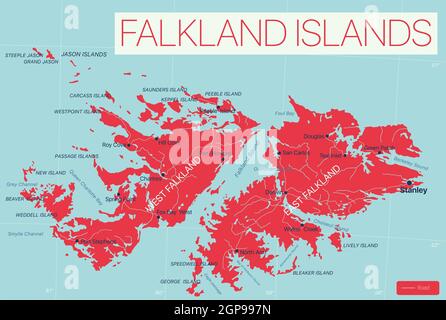 Isole Falkland Mappa dettagliata modificabile con regioni città e città, strade e ferrovie, siti geografici. File vettoriale EPS-10 Foto Stock