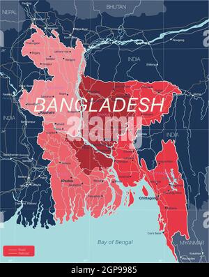 Paese del Bangladesh Mappa dettagliata modificabile con regioni città e città, strade e ferrovie, siti geografici. File vettoriale EPS-10 Foto Stock