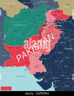 Pakistan paese Mappa dettagliata modificabile con regioni città e città, strade e ferrovie, siti geografici. File vettoriale EPS-10 Foto Stock
