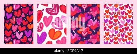 Set di modelli di copertina con cuori colorati con texture disegnata a mano. Disegni per San Valentino. Simbolo d'amore. Design è per notebook, pianificatore, di Foto Stock