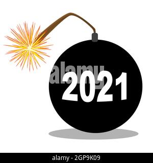 Una bomba in stile cartone animato tradizionale con fusibile illuminato con il data 2021 isolaterd su bianco Foto Stock