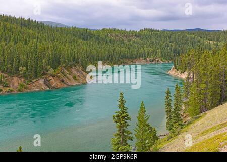 Il fiume Yukon si dirige verso il Miles Canyon vicino a Whitehorse, Yukon Foto Stock