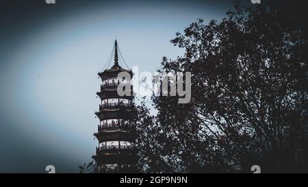 Tempio Dei Sei Banyan Alberi . Tempio Liurong un tempio buddista di riferimento a Guangzhou . Pagoda cinese con spazio copia Foto Stock