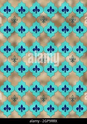 Modello senza giunture Lily fleur de Lis. Blu turchese motivo oro lucido con simbolo araldico fleur-de-lis. Moderno modello astratto. Illustrazione 3D Foto Stock