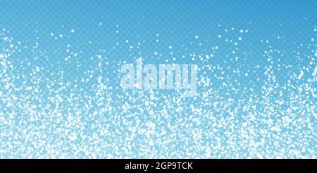 Incredibile neve in discesa sfondo di Natale. Sottili fiocchi di neve volanti e stelle su sfondo blu trasparente. Mascherina in fiocco di neve in argento invernale. Una fantastica illustrazione vettoriale. Illustrazione Vettoriale