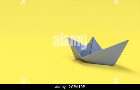 imbarcazione di carta grigia su sfondo giallo. rendering 3d. Foto Stock