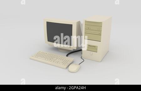 Vecchio computer desktop vintage. Questa è un'illustrazione di rendering 3D del PC Foto Stock