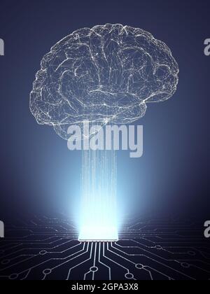 Intelligenza artificiale, impulsi elettrici che escono dal microchip, formando un cervello con linee di connessione. Foto Stock