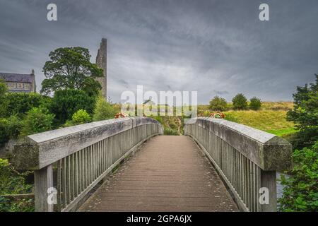 Ponte di legno sul fiume Boyne con vista sulla torre in rovina di St. Marys Abbey vicino al castello di Trim, County Meath, Irlanda Foto Stock