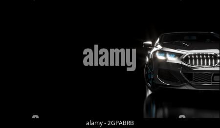 auto nera moderna e lussuosa su sfondo scuro. rendering 3d. Foto Stock