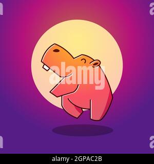 Carino Happy Big Hippo Ippopotamo salto Luna Mascot personaggio Cartoon Illustrazione Vettoriale