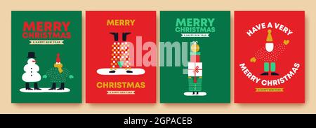 Allegro Natale felice anno nuovo biglietto di auguri raccolta di personaggi divertenti, babbo natale, e neve d'inverno. Cartoni animati in stile retro scandinavo Illustrazione Vettoriale