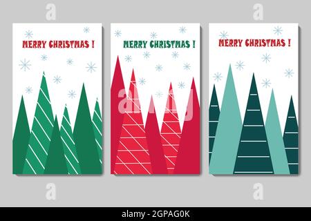 Carte decorative di Natale. Un insieme di modelli. Alberi di Natale stilizzati in blu, verde e rosso. Illustrazione Vettoriale