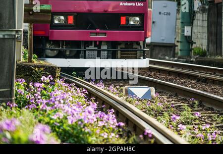 Immagine della linea Toden Arakawa. Luogo di tiro: Area metropolitana di Tokyo Foto Stock