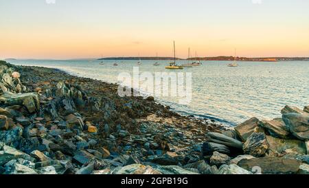 Vista del porto di Portland dall'Eastern Promenade Trail a Portland, Maine Foto Stock