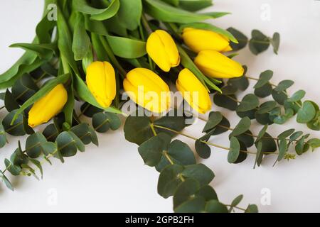 Bella tulipani gialli con rami di eucalipto su un tavolo bianco Foto Stock