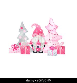 Acquerello disegno a mano con gnomes rosa di Natale, regali di nuovo anno presenta.pastello nordico gnomes scandinavo con chritsma albero fiocchi di neve, carino cartone animato carattere inverno design Foto Stock