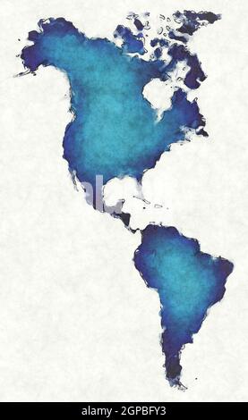 Mappa America con linee tracciate e illustrazione blu acquerello Foto Stock