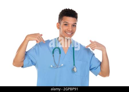 Giovane doc africana con uniforme blu isolata su un bianco sfondo Foto Stock
