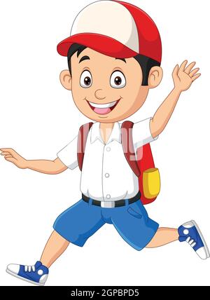 Cartone animato ragazzo felice scuola in uniforme corsa Illustrazione Vettoriale