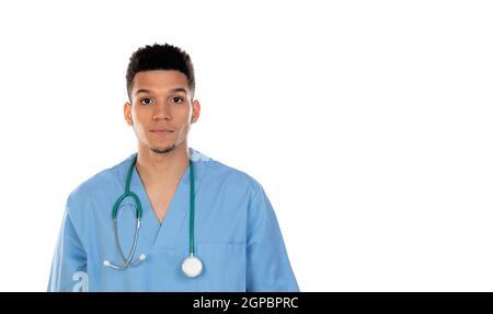 Giovane doc africana con uniforme blu isolata su un bianco sfondo Foto Stock