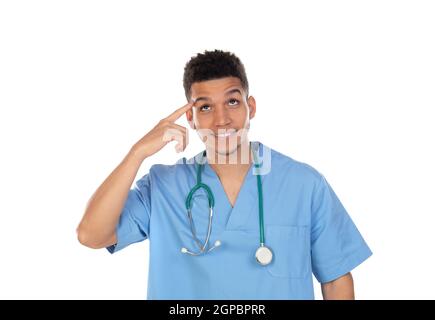 Giovane doc africana con uniforme blu isolata su un bianco sfondo Foto Stock