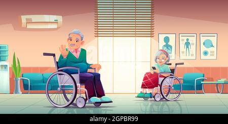 Uomo e donna disabili senior su sedia a rotelle in casa di cura o in ospedale. Vecchia signora avvolta in plaid usa il telefono, grigio capelli pensionato che agita la mano, aiutando a persone anziane Cartoon illustrazione vettoriale Illustrazione Vettoriale