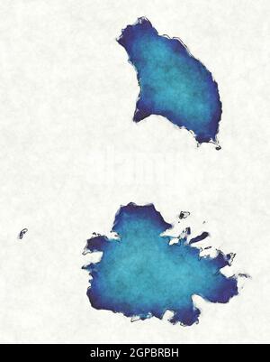 Mappa di Antigua e Barbuda con linee tracciate e acquerello blu illustrazione Foto Stock