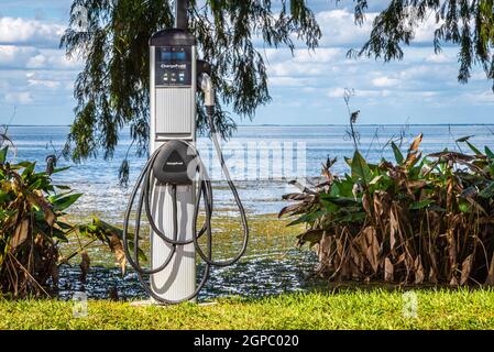 Stazione di ricarica per veicoli elettrici ChargePoint lungo il lago Apopka a Newton Park in Winter Garden, Florida. (USA) Foto Stock