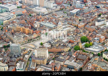 Scatto aereo del centro di Nottingham, Nottinghamshire Inghilterra Regno Unito Foto Stock