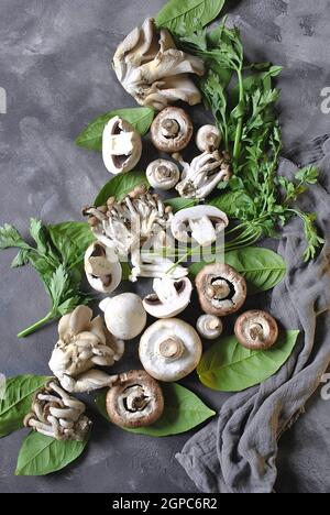 Varietà di funghi: Crudi e tagliati con foglie su sfondo grigio scuro Foto Stock