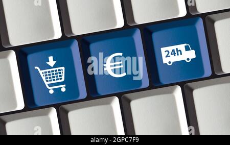 Negozio online principio di e-commerce su tastiera di computer acquistare, pagare, consegnare Foto Stock