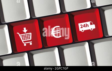 Negozio online principio di e-commerce su tastiera di computer acquistare, pagare, consegnare Foto Stock
