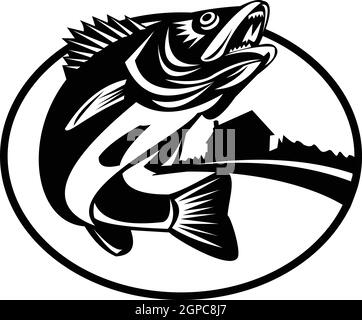 Illustrazione di un walleye o Sander vitreus che salta con il lago e la cabina posta all'interno di un ovale fatto in stile retrò bianco e nero. Illustrazione Vettoriale