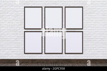 Simulato su sei cornici vuote di foto con parete bianca del mattone E l'illustrazione 3D del rendering del pavimento in legno Foto Stock