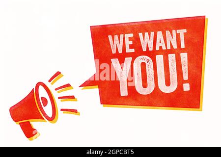 Timbro con un megafono e una bolla del parlato - noi vuoi tu Foto Stock