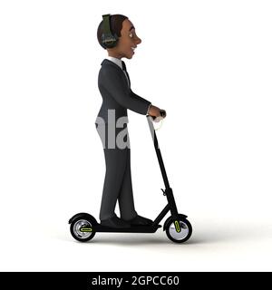 Divertente illustrazione 3D di un uomo d'affari divertente su un scooter elettrico Foto Stock