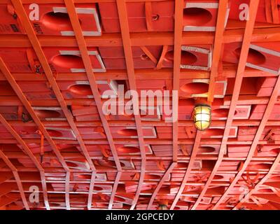 Red giubbotti di salvataggio montata nel soffitto della barca Foto Stock