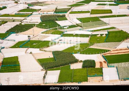 Alto panorama dal monte Thoi Loi, villaggio di pescatori e campi d'aglio a Ly Son Island, provincia di Quang Ngai, Viet Nam Foto Stock