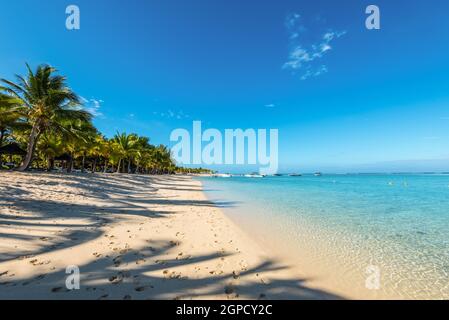 Le Morne, Mauritius - Dicembre 11, 2015: incredibili spiagge di sabbia bianca dell'isola di Mauritius. Vacanza tropicale in Le Morne Beach, Mauritius. L'ombra del Foto Stock