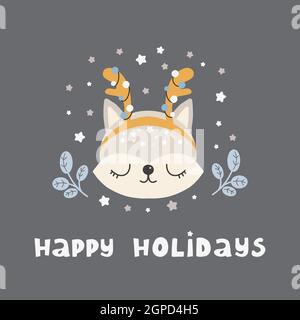 Buon Natale e Capodanno animale volpe carino in stile scandinavo con lettere - buone vacanze. Animale cartoon. Stampa carina Illustrazione Vettoriale