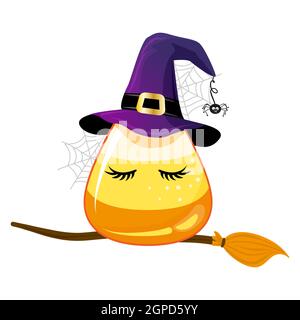 Halloween felice - illustrazione divertente del mais della caramella in costume della strega. Stampa di adesivi fatta a mano. Illustrazione con zucchero carino. Ideale per stampe su t-shirt e. Illustrazione Vettoriale