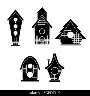 Set di silhouette nere di semplici case di uccelli su sfondo bianco. Illustrazione di stampa vettoriale di piccole case. Icona con cartoni animati geometrici birdhouses Illustrazione Vettoriale