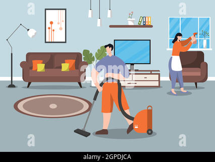 Servizio di pulizia. Illustrazione Cartoon di Vector Flat Design Illustrazione Vettoriale