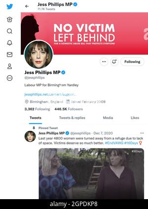 Pagina Twitter (settembre 2021) di Jess Phillips MP (lavoro: Birmingham Yardley) Foto Stock