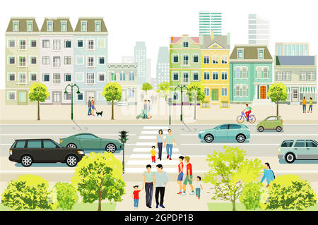 Traffico stradale con famiglie e persone sul marciapiede illustrazione Illustrazione Vettoriale