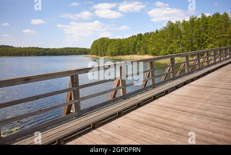 Ponte di legno sul lago Osiek, Polonia. Foto Stock