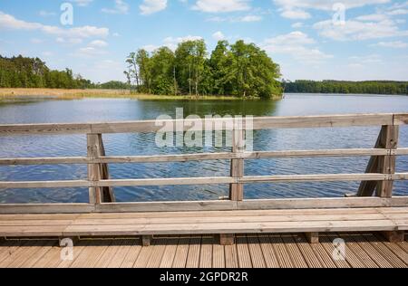 Piccola isola nel lago di Osiek vista da un ponte di legno, la Polonia. Foto Stock