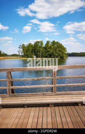 Piccola isola nel lago di Osiek vista da un ponte di legno, la Polonia. Foto Stock